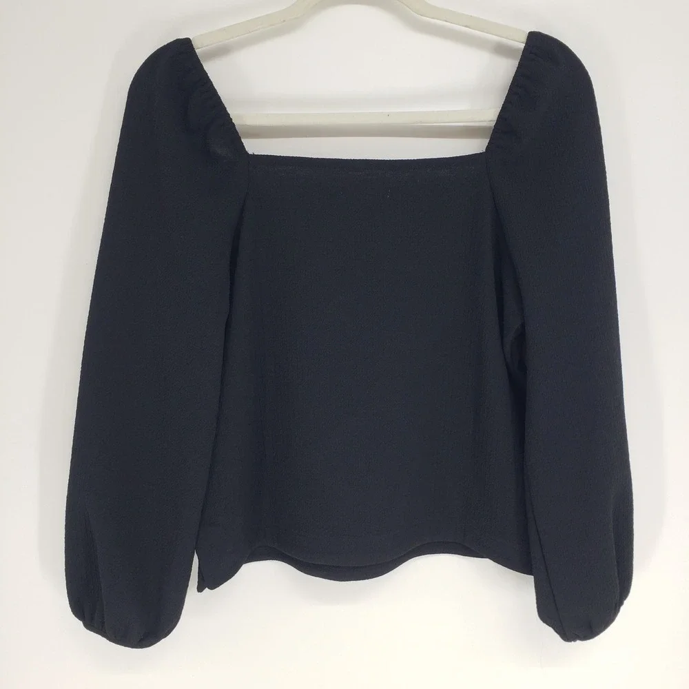 Madewell Crepe Square Neck Puff Sleeve Top Women Size S Black Textured Blouse